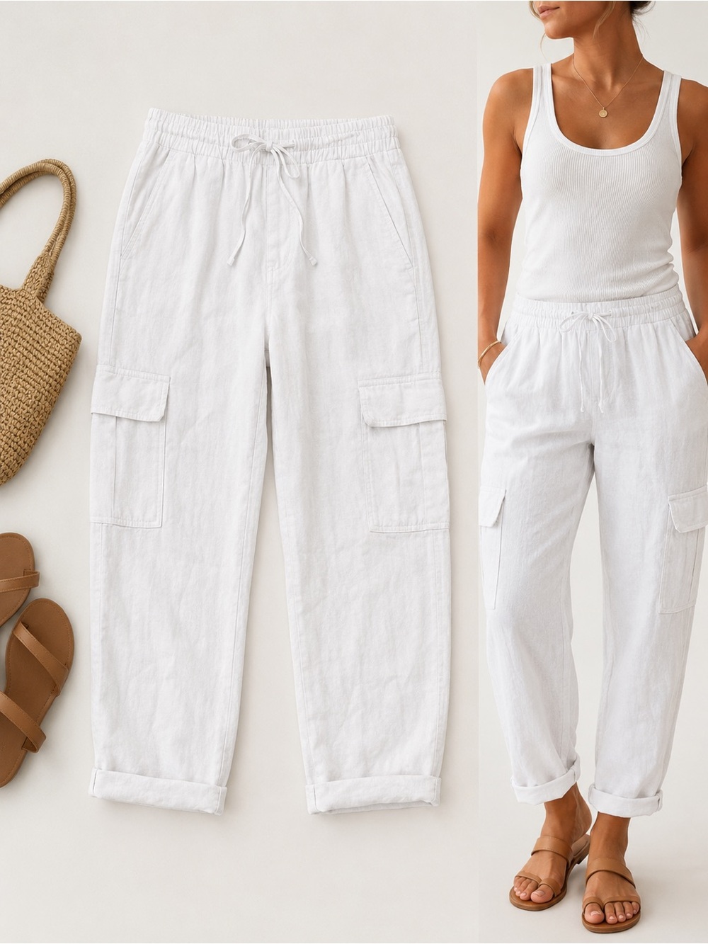 Cotton On White 100% Linen Cargo Pants Size L Coastal Resort